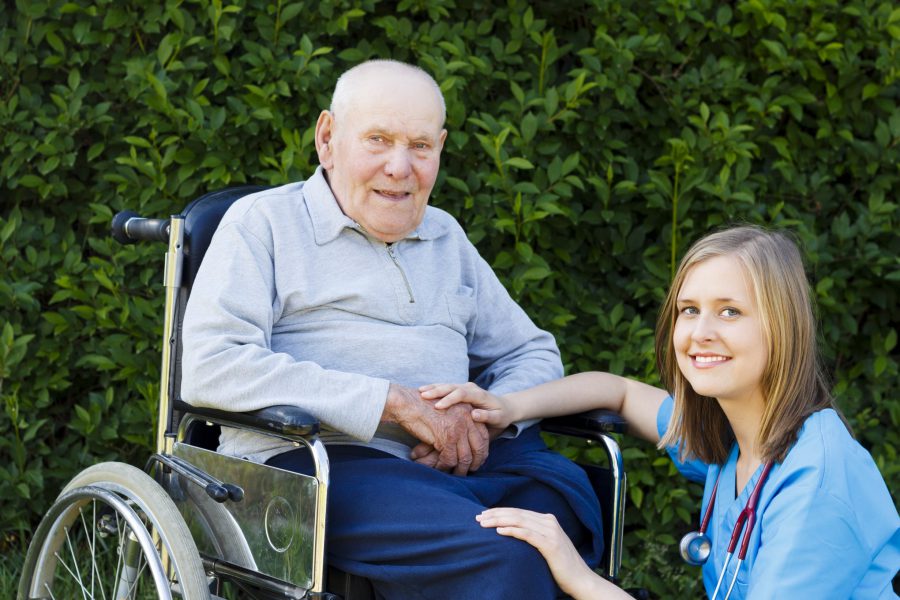 Senior Man in a wheelchair with his Doctor surrounded by greenery
